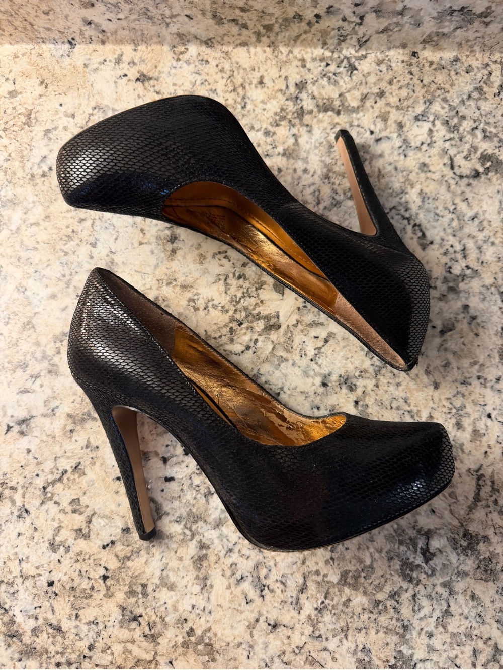 BCBGeneration Black Textured Snake-Effect Platform Pumps Y2K